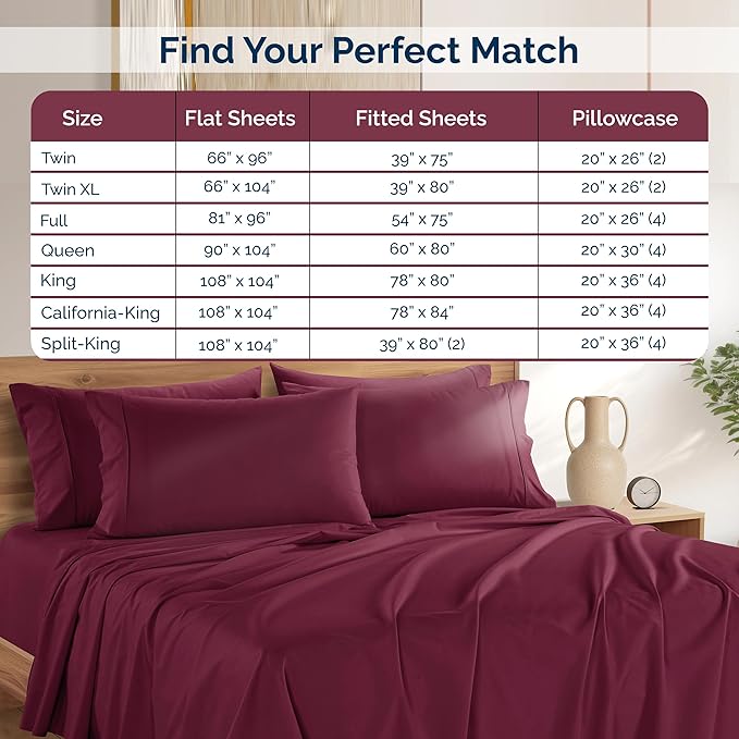 Casa Platino Split King Size Sheet Set – 7 Piece Cooling Sheets Split King Size 100% Cotton Crisp Percale Sheets with Breathable & Cozy Feel, 15" Deep Pocket Fitted Sheet for Secure Fit – Windsor Wine