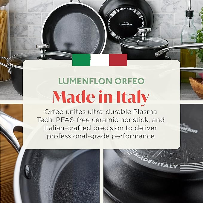 Orfeo 3QT Nonstick Saute Pan with Lid, Made in Italy, Diamond Ceramic PFAS-Free Cookware, Induction Ready, Scratch Resistant, Laser-Fused Surface for Durability, Dishwasher Safe, Black