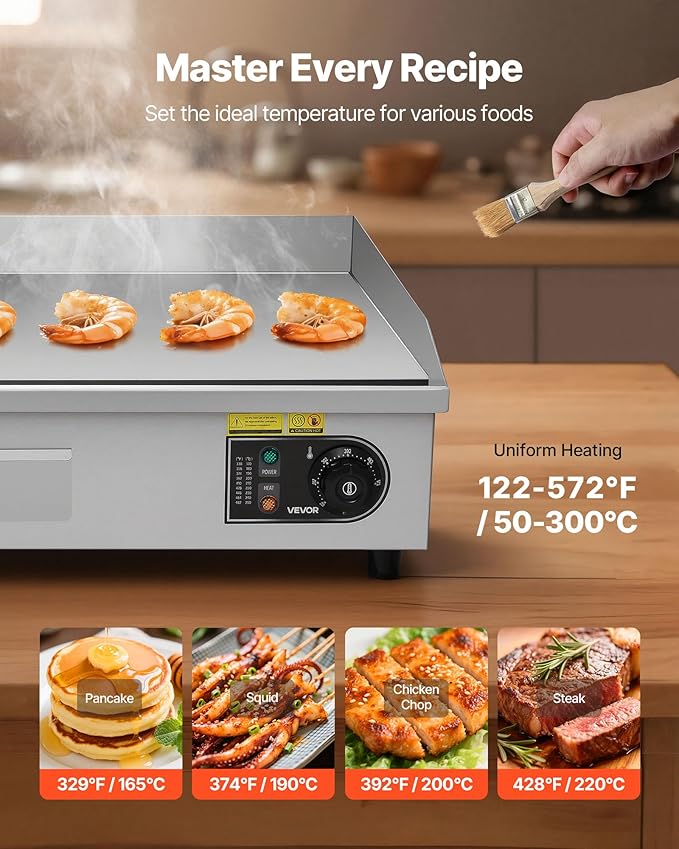 VEVOR Commercial Electric Griddle, 28.54 x 15.75 in, 4400W, 122-570°F Adjustable Temp Control, Stainless Steel Countertop Full Flat Top Grill with 2 Spatulas and 2 Brushes, for Steak, Pancake, Squid