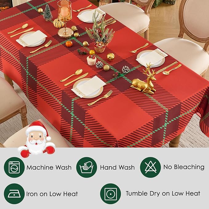 Christmas Tablecloth Rectangular 60x102 Inch Waterproof Table Cloth for 6ft, Washable Polyester Table Cover for Xmas Party, Winter Holiday Home Decoration in Festive Checkered Red 1pack