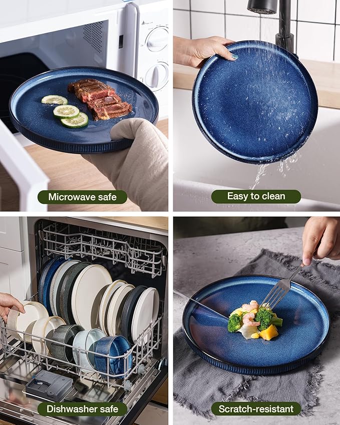 famiware Star Dinnerware Sets, Plates and Bowls Set for 4, 12 Pieces Ribbed Dishes - Chip and Scratch Resistant, Microwave and Dishwasher Safe Tableware, Nebulas Blue