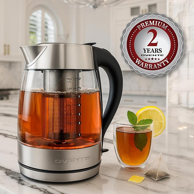OVENTE Electric Tea Kettle with Temperature Control, Removable Tea Infuser, Easy to Fill Lid, Keep Warm Function, Auto Shut-Off, 1.7L Double Wall Borosilicate Glass, Stainless Steel Base, Silver KD68S