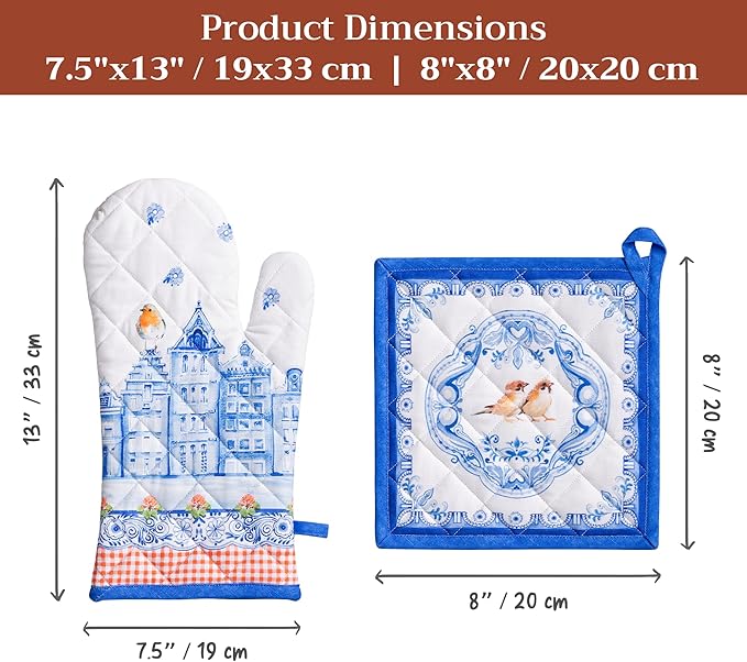Maison d' Hermine 100% Cotton Oven Mitt & Pot Holder Set (7.5"x13" & 8"x8") Heat Resistant BBQ Cooking Gloves with Loop, Baking, Grilling, Kitchen, Handling Hot Pans Spring/Summer (Amsterdam Canals)