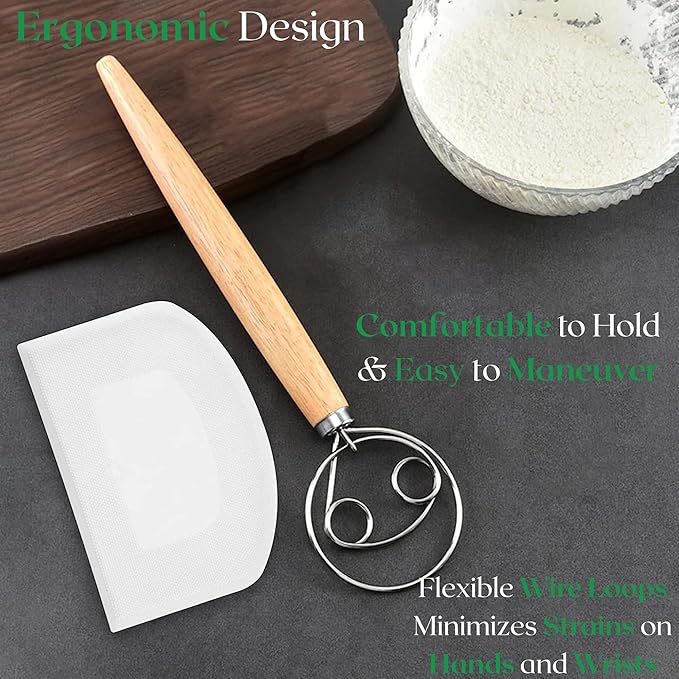 13 Inch Danish Dough Whisk with Dough Scraper, Dutch Bread Whisk with Stainless Steel Dough Hook, Sourdough Whisk for Baking, Bread Whisking Tool
