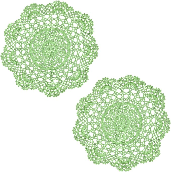 BIBITIME 2PCS Lace Table Doilies Kitchen Placemats Round Handmade Crochet Flower Cup Mug Mat Doily (13 inches to 14 inches,2PCS, Apple Green)