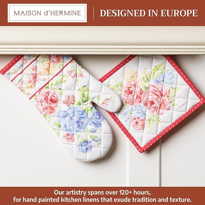Maison d' Hermine 100% Cotton Oven Mitt & Pot Holder Set (7.5"x13" & 8"x8") Heat Resistant BBQ Cooking Gloves with Loop, Baking, Grilling, Kitchen, Handling Hot Pans Spring/Summer (Vintage Floral)