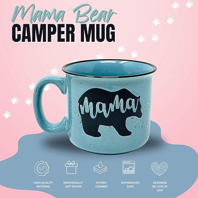 Mama Bear Ceramic Coffee Mug for Mom, Wife, Women – Unique Teal Ceramic Mug – Fun Gifts for Her on Mother’s Day, Birthday, or Christmas – Cute Coffee Cup for Moms, Wives, and Coffee-Loving Women