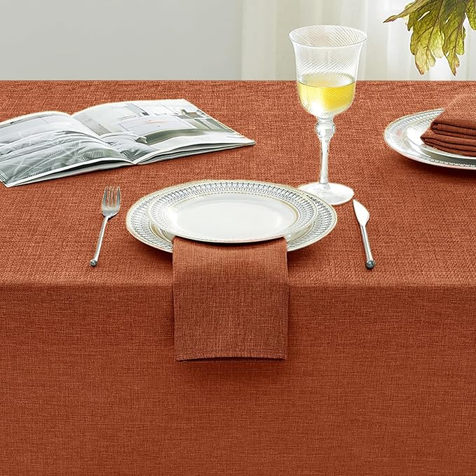Softalker Fall Linen Textured Rectangle Tablecloth, Thanksgiving Waterproof Farmhouse Burlap Table Cloth, Stain Resistant Table Covers for Kitchen Dining Holiday Party (52 x 70, Burnt Orange)