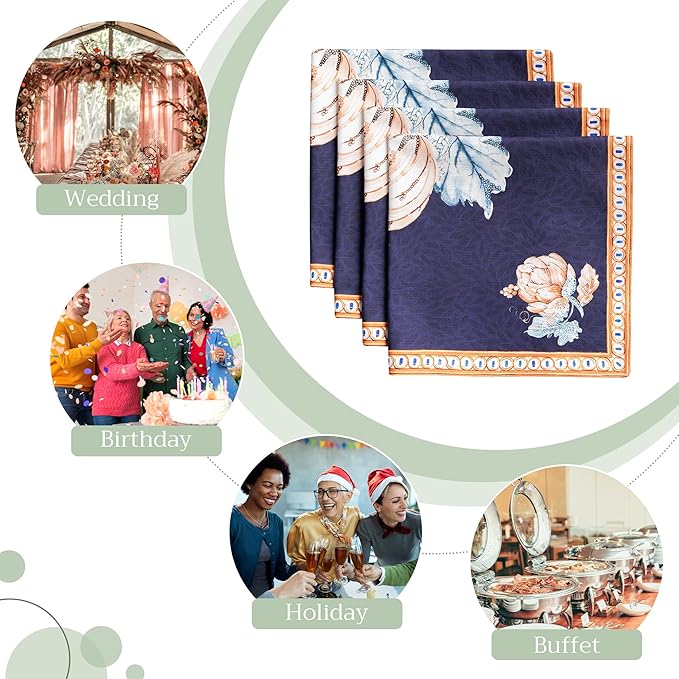 Maison d' Hermine Cloth Napkins Set of 4 100% Cotton for Thanksgiving Christmas Decorations Everyday Reusable Square Fall Napkins Cloth Washable Dinner Party (Pumpkin Blues, 20"x20")
