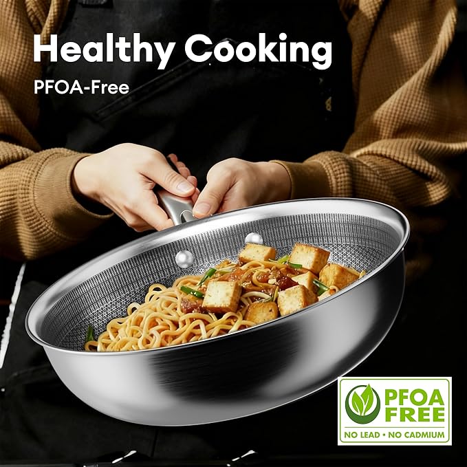 COOKER KING 12-Inch Wok with Lid, Hybird Nonstick Wok Professional Grade, Stainless Steel Woks & Stir-Fry Pans, Stay-Cool Handle, Dishwasher & Oven-Safe,Compatible with All Cooktops
