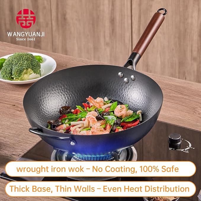WANGYUANJI Iron Wok,13.4 inch Chinese Craft Wok with Lid Flat Bottom Stir Fry Pan,Chemical-free Wok Pan for All Stoves,Wrought Iron Wok Pure Iron Cookware