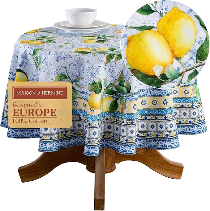 Maison d' Hermine Table Cloth Round Table 100% Cotton 69 Round Inches Tablecloth Reusable Decorative for Dining Room Farmhouse Home Valentines Day Decorations Spring Summer - Citrus