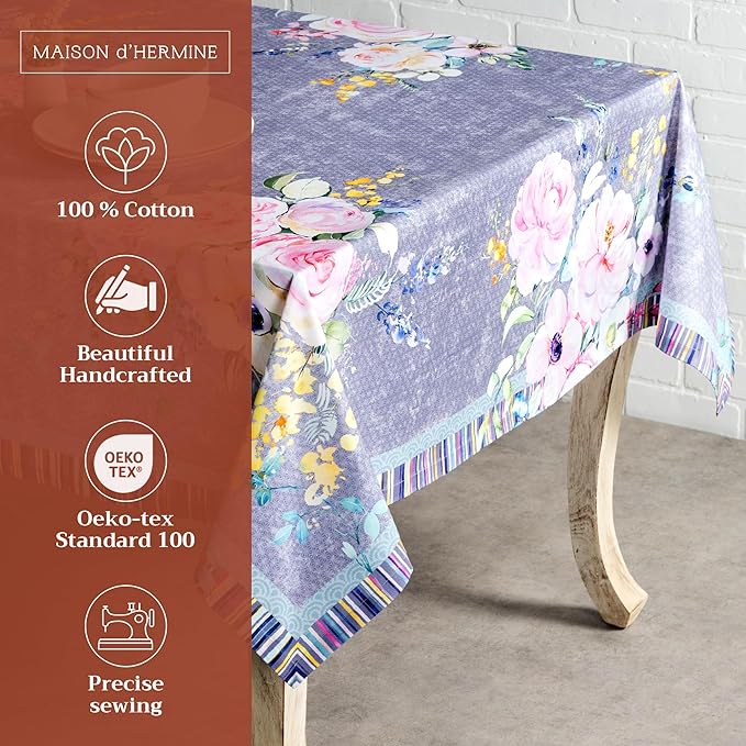 Maison d' Hermine Table Cloth Rectangle Table 100% Cotton 60 x 108 Inches Tablecloth Reusable Decorative for Dining Room Farmhouse Valentines Day Decorations Spring Summer - Sweet Rose Lavender - Lush