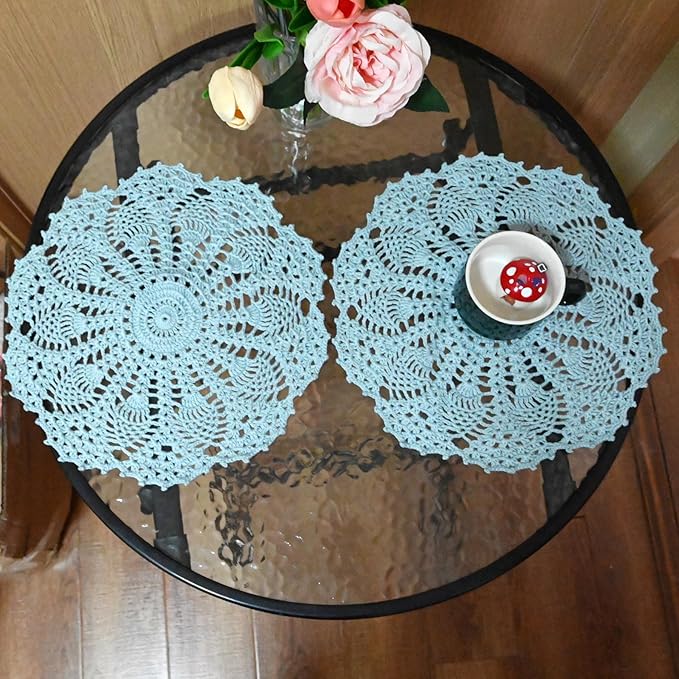 BIBITIME 2PCS 11 inches to 12 inches Lace Doilies Crochet Handmade Lace Coasters Round Placemat Rustic Table Doilies Decors for Kitchen Dining Room Party Dressers Light Blue