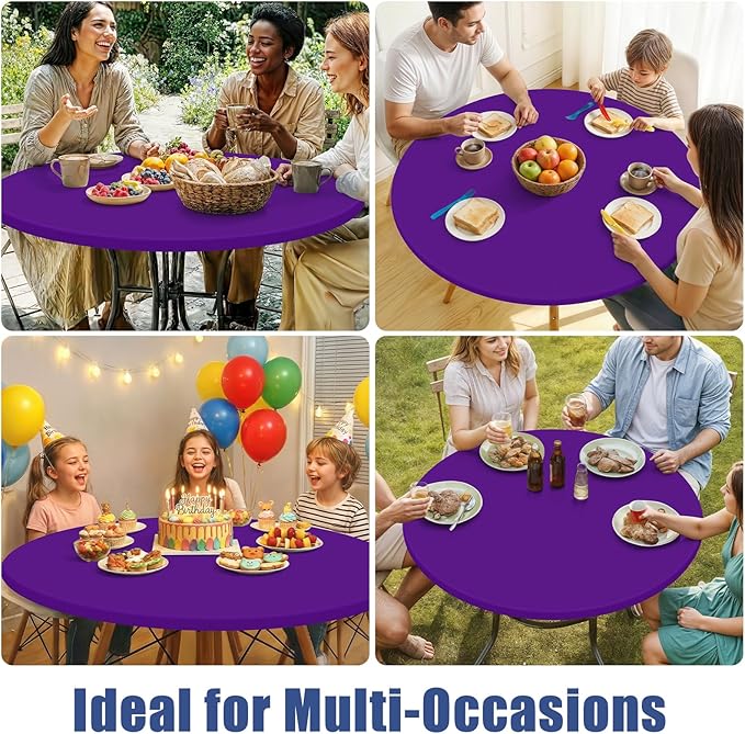 Round Spandex Tablecloth, Elastic Fitted Waterproof Tablecloths for 45"-56" Tables, Stretch Washable Picnic Table Cover for Camping, Dining, Indoor and Outdoor, Purple