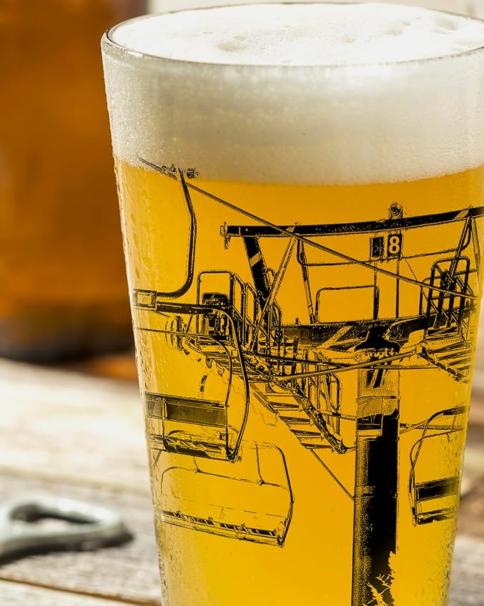 Black Lantern Ski Lift Pint Glass – 16 oz Craft Beer Glass with Chairlift Graphic – Heavy Base Mountain Barware