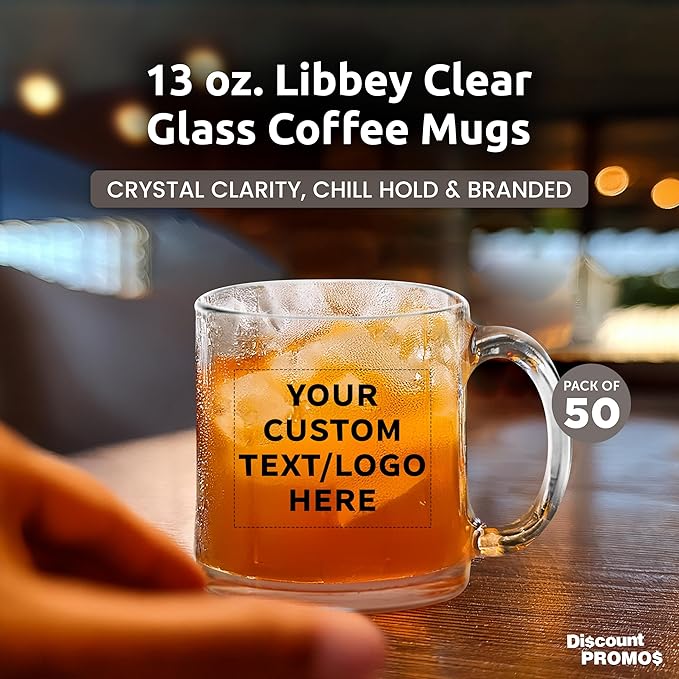 Custom Libbey Clear Glass Coffee Mugs 13 oz. Set of 50, Personalized Bulk Pack - Perfect for Coffee, Tea, Espresso, Hot Cocoa, Other Beverages - Clear Bottom