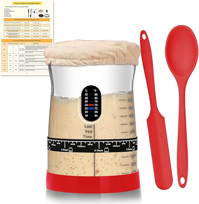 Pro Sourdough Starter Kit- 50oz Large Capacity Sourdough Starter Jar, 17 Flavorful Fermentation Recipes, Sourdough Bread Baking Supplies for Making Delicious Sourdough Breads(Red, 1Set)