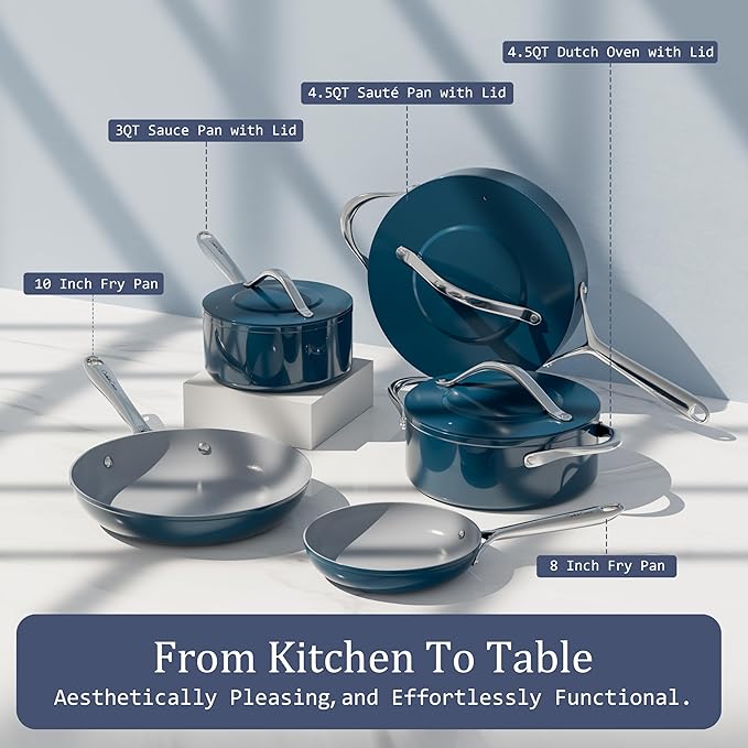 Nonstick Ceramic Sauté Pan w/Lid (4.5 qt, 11") Deep Frying Pan for All Cooktops Non Toxic Skillet PTFE/PFOA/PFAS Free, Even Heat Distribution Stainless Steel Stay-Cool Handle, Navy Blue