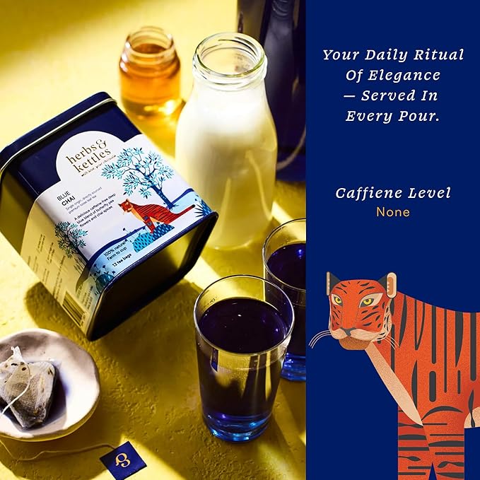 Herbs & Kettles Blue Chai – Caffeine-Free Herbal Chai Blend with Butterfly Pea Flower from India & Southeast Asia | Polyphenol-Rich Spices, Natural Vibrant Color | 12 Compostable Tea Bags