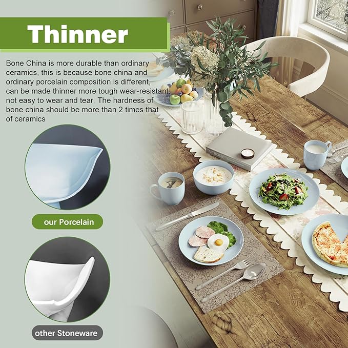 Yoshy 16-Piece Blue Bone China Dinnerware with Lightweight Durable Chip Resistant Design Service for 4
