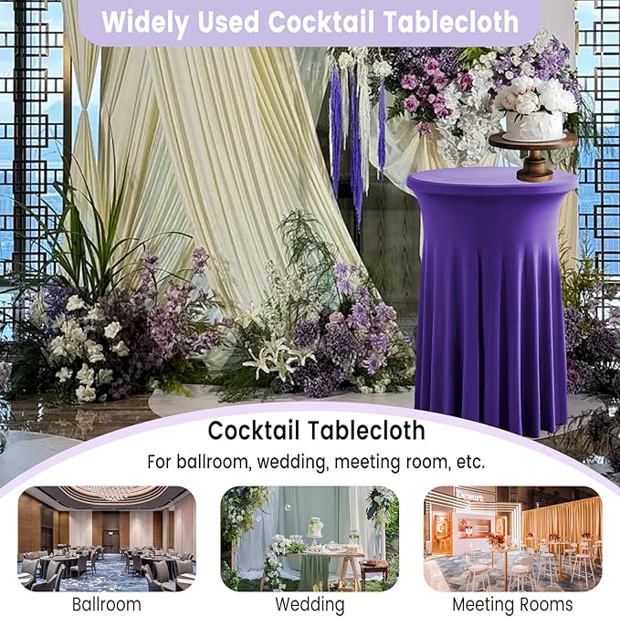 Qubjus 2 Pack Cocktail Tablecloths Stretch Table Skirt - 32x43 inch Bar High Top Stylish and Elegant Cocktail Table Covers for Parties, Weddings, Holidays - Purple