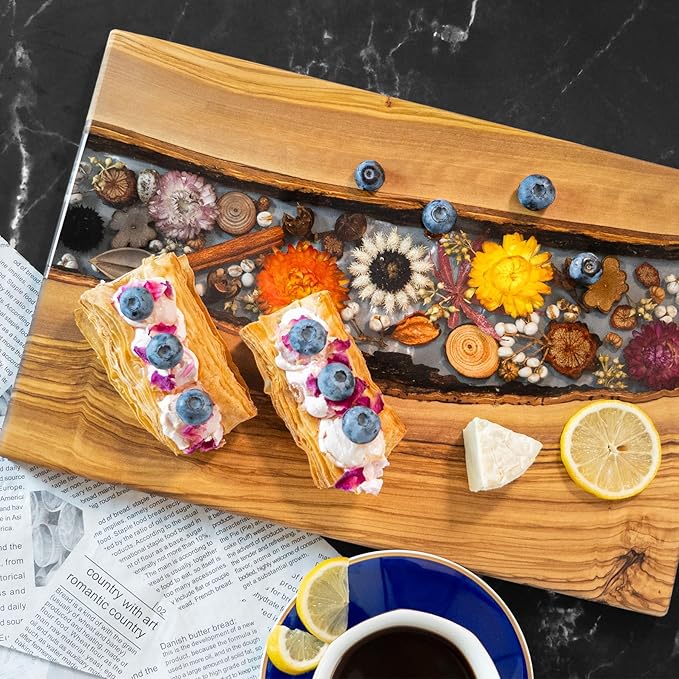 Handmade Olive Wood Charcuterie Boards with Flowers Preserved, Olive Wood Cutting Board, Housewarming Gifts New Home, Wedding Gifts, Birthday Gifts for Woman