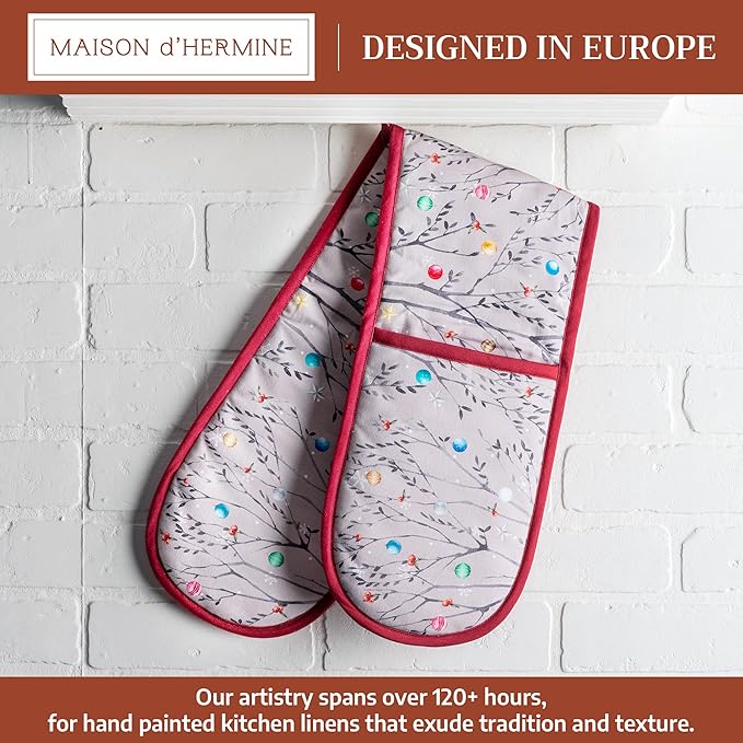 Maison d' Hermine Double Oven Mitt (7" x 35") 100% Cotton Heat Resistant BBQ Cooking Gloves with Loop for Thanksgiving Christmas Decorations Baking Cooking Barbeque Handling Hot Pan (Fairy Christmas)