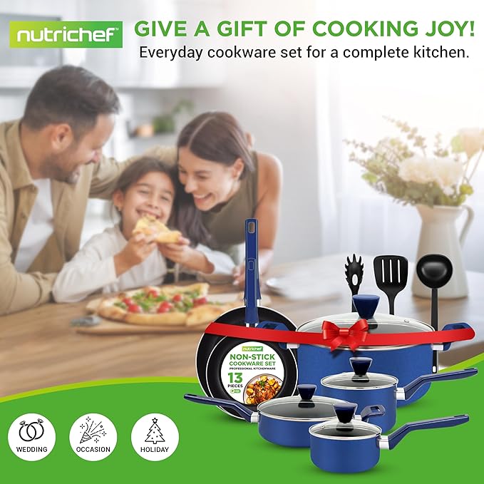 NutriChef 13-Pc Royal Blue Cookware Set - Nonstick Pots & Pans with See-Through Lids, Even Heat Distribution, Cool-Touch Handles, Utensils Included - NCCWA13BU