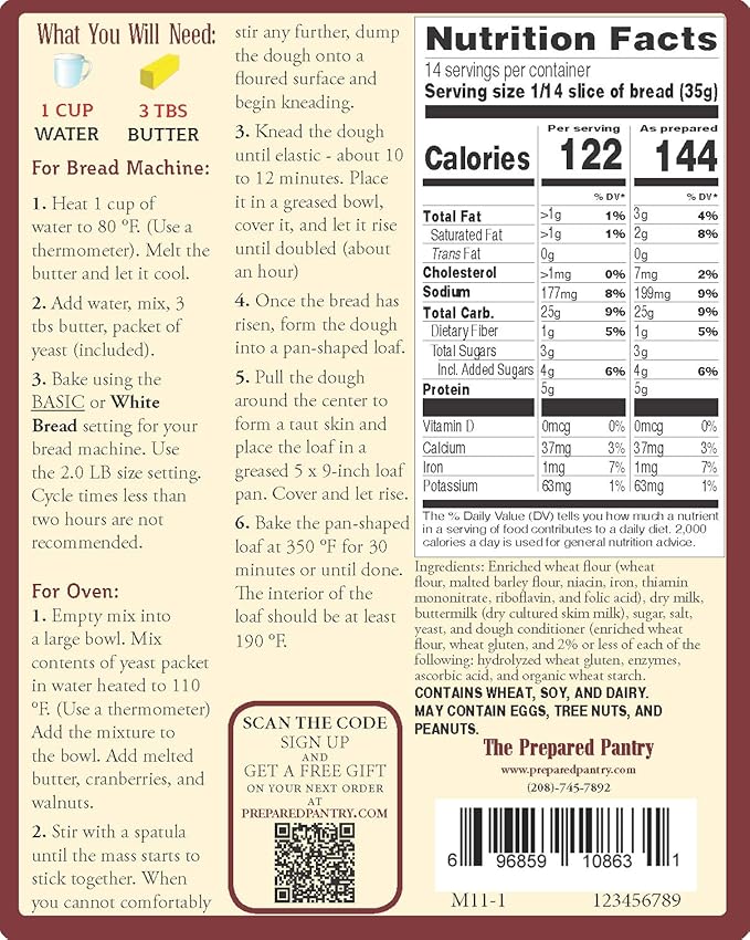 The Prepared Pantry Buttermilk White Bread Mix; Single Pack; For Bread Machine or Oven