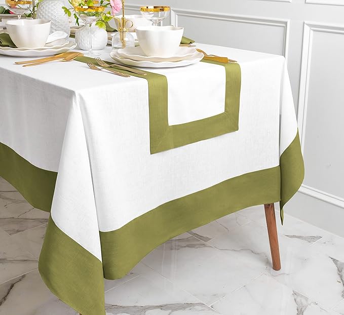 Solino Home Linen Square Tablecloth 52 x 52 Inch - 100% Pure Linen Avocado and White Table Throw - Contempo, Machine Washable Table Cloth for Winter, Spring, St Patricks Day