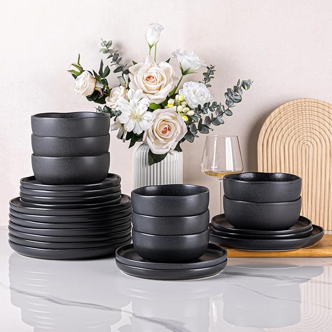 AmorArc Ceramic Dinnerware Sets, Wavy Rim Stoneware Plates and Bowls Sets,Dishwasher & Microwave & Oven Safe Dishes set, Service for 6 (24pc)-Charcoal Matte
