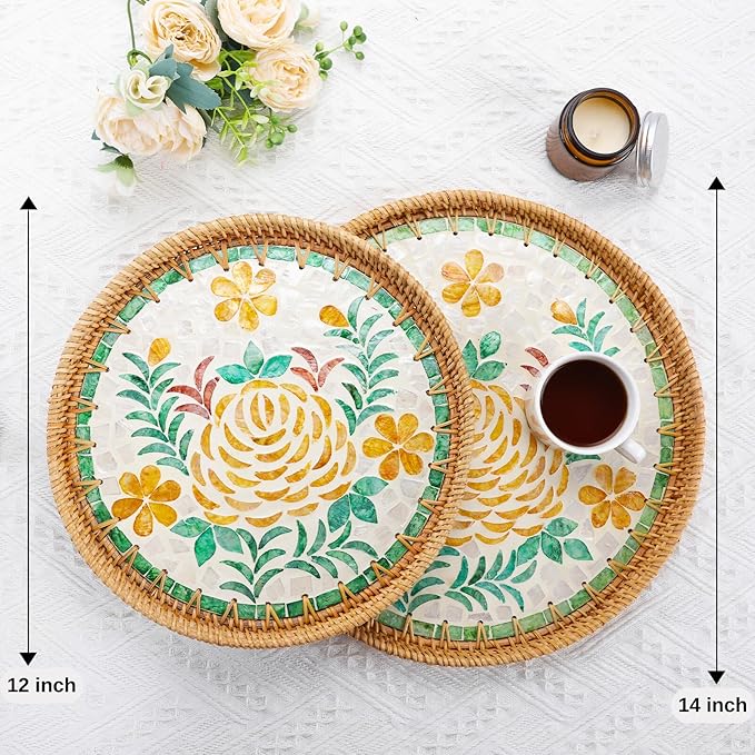 14" Large Rattan Serving Tray with Mother of Pearl, Round Coffee Table Tray Decor, Boho Decorative Hand-Woven Wicker Home Decor (Peony Flower)
