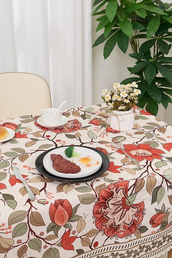 French Linen Rectangle Tablecloth 60''x 84'' - Vintage Floral Table Cloth, Waterproof Table Cover with Flowers and Leaves Pattern for Dining Kitchen Party Christmas
