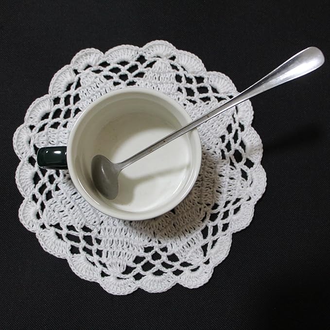 BIBITIME 2 PCS 6" to 7" Handmade Crochet Round Lace Doilies Kitchen Table Placemats Wedding Tea Flower Vase Cup Mats Coasters (White,Pack of 2)