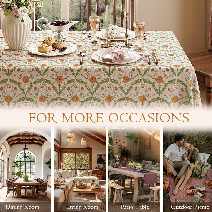 French Linen Tablecloth Rectangular, Vintage Block Print Table Cloth, Waterproof Table Cover for Picnic Dining Party Wedding, Marigold Orange, 63x106''