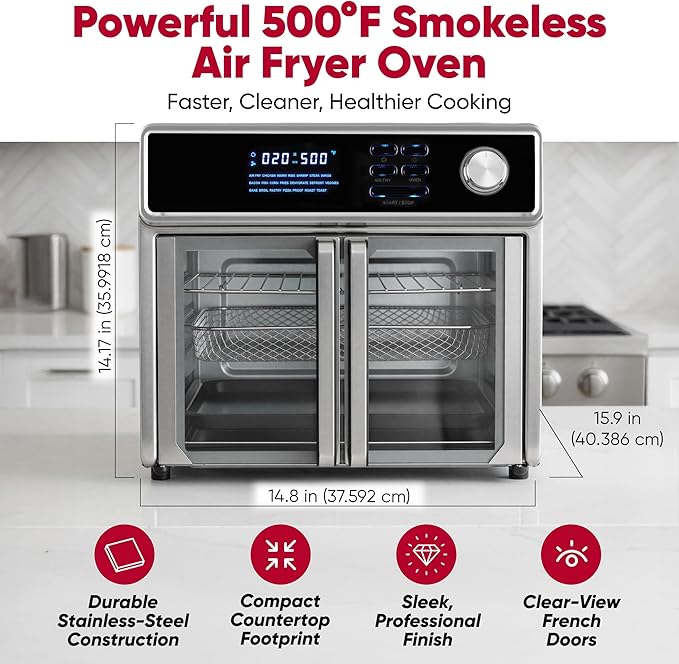 Large Air Fryer Oven 26-Quart |10-in-1 Countertop Stainless Steel Toaster Oven Combo | Non Toxic Family Size Air Fryer - Frying, Baking, Toasting, Dehydrating, Rotisserie | 1700W 360° Heating