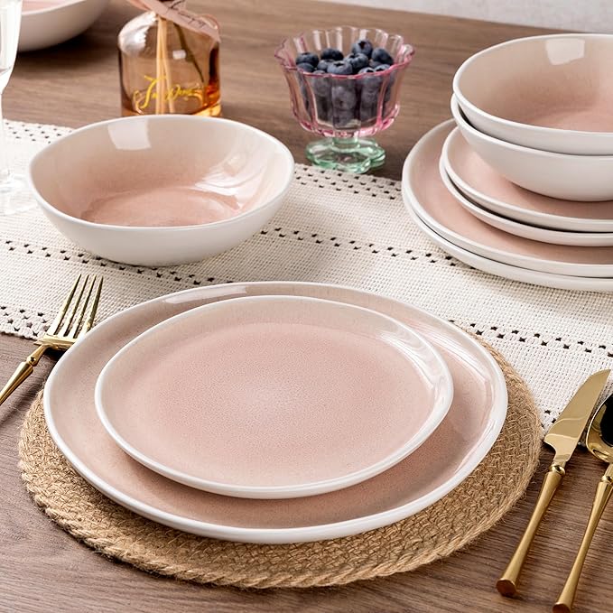 AmorArc Ceramic Dinnerware Sets,Handmade Reactive Glaze Stoneware Plates and Bowls Sets,Highly Scratch Resistant | Dishwasher & Microwave Safe Dishes Set,Service for 6 (18pc)-Pink