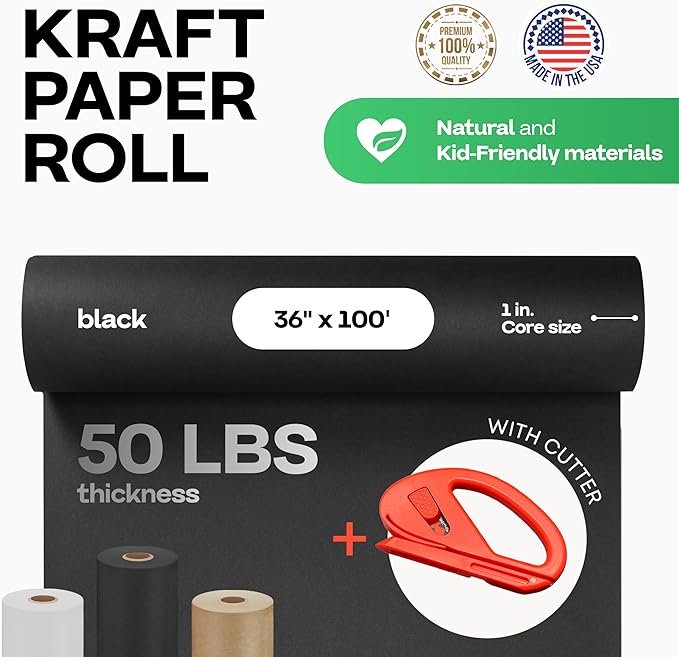 Black Kraft Paper Roll 36" x 1200" (100 feet) with Cutter - USA-Made Quality Paper 50lb Thickness for Wrapping, Packing, Moving, Shipping, & Crafts/Arts - Natural Kraft Material by IDL Packaging