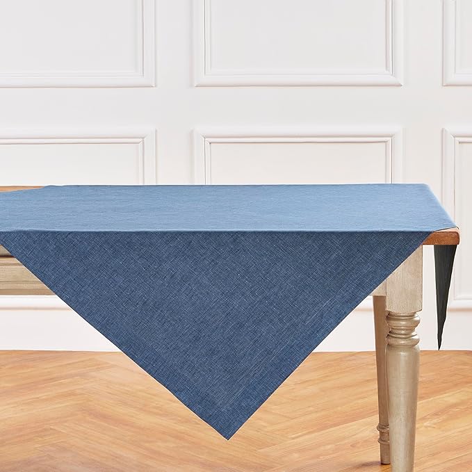 Solino Home Linen Cloth Tablecloth 52 x 52 Inch - 100% Pure Linen Blue Denim Square Tablecloth - Athena, Machine Washable Table Throw for Winter, Spring, Easter