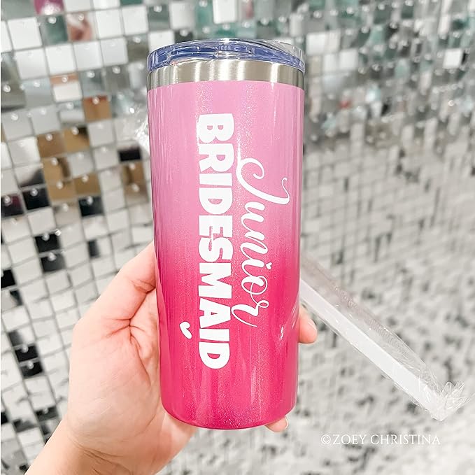 Junior Bridesmaid Gifts Tumbler with Straw and Lid Pink 16oz 0089