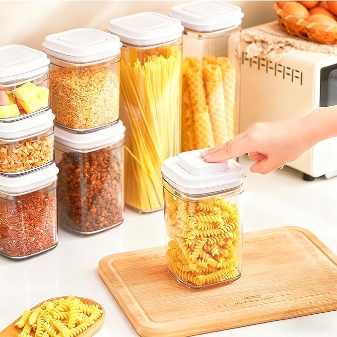 Pop Top Food Storage Container Set | 4Pcs Airtight Cereal Storage Organizer Canisters with Pop Lids, BPA-Free, Vacuum Seal & One-button Opening, Stackable Pantry Containers for Dry Food Storage
