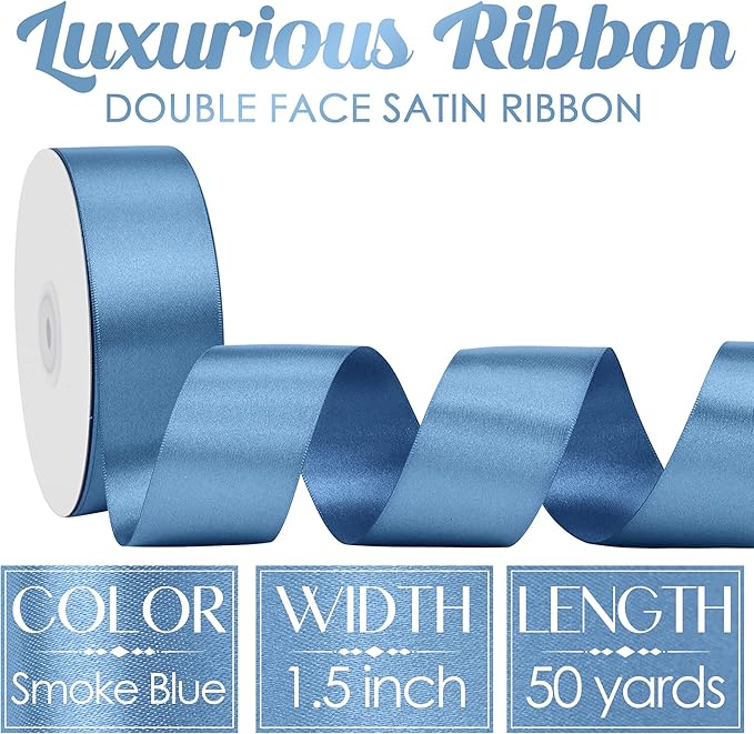 MEEDEE Smoke Blue Satin Ribbon 1-1/2 Inch Dusty Blue Ribbon Lux Double Faced Satin Ribbons by 50 Yards Polyester Satin Ribbons for Crafts, Weddings, Flower Bouquet, Holiday Decorating