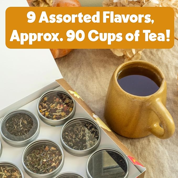 Heavenly Tea Leaves Organic 9 Loose Leaf Tea Sampler Gift Set (Approx. 90 Cups) | Assortment of Black Tea, Green Tea, Herbal Tea | High to No Caffeine | Great Hot or Iced | Premium Assorted Gift Box