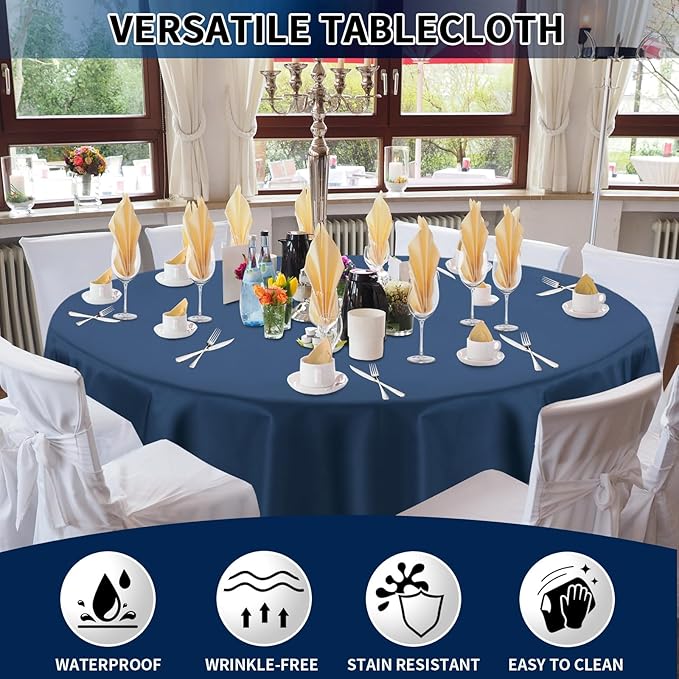 PureFit 6 Pack Round Navy Blue Table Cloths 120 Inch for Round Tables, Stain and Wrinkle Resistant Table Linens for Home Use, Wedding, Party, Banquet and Camping