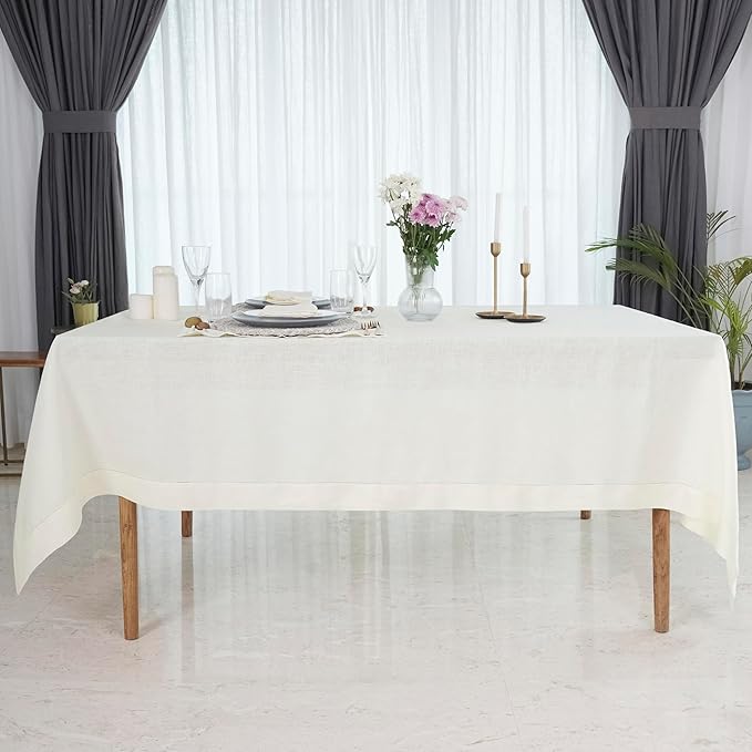 D'Moksha Homes Ivory Linen Tablecloth for Rectangle Tables 60 x 90 Inch - 100% Pure Linen Ivory Table Cloth - Classic Hemstitch, Machine Washable Tablecloth for Valentines, Spring, Easter