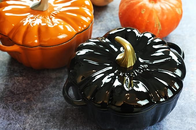 Enameled Cast Iron Pumpkin Pot Dutch Oven Cocotte, Black, 2.32 qt (2.2 L)