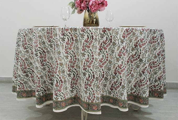 Ridhi Block Print Round Coral Pink Trails Reusable Tablecloth 100% Cotton 90" Inch Decorative Table Cover eveyday Dining, Home, Party, Wedding, Farmhouse Gift for Spring, Easter, Valentine