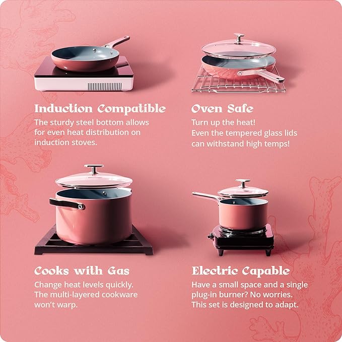 Premium Non-Toxic Ceramic Cookware Set – Triple-Layer Nonstick 12 Piece Pots and Pans with Lids, PFAS-Free, Oven Safe for Healthy Meals, Space-Saving Design, Coral Pink Color | Greater Goods