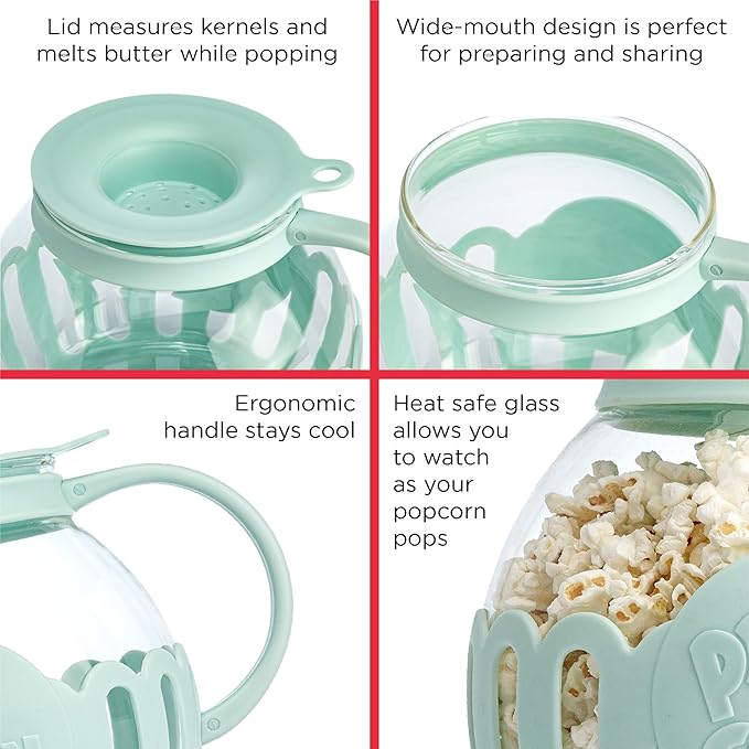 Ecolution Patented Micro-Pop Microwave Popcorn Popper with Temperature Safe Glass,3-in-1 Lid Measures Kernels and Melts Butter,Made Without BPA,Dishwasher Safe,3-Quart,Aqua,(Pack of 4)